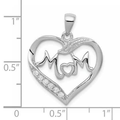 Sterling Silver Rhodium-Plated Mom Cz Heart Pendant
