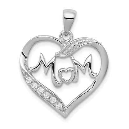 Sterling Silver Rhodium-Plated Mom Cz Heart Pendant
