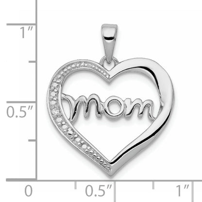 Sterling Silver Rhodium-Plated Mom Cz Heart Pendant