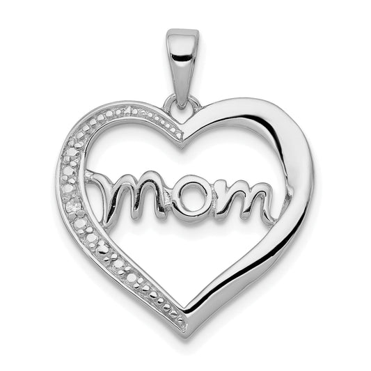 Sterling Silver Rhodium-Plated Mom Cz Heart Pendant