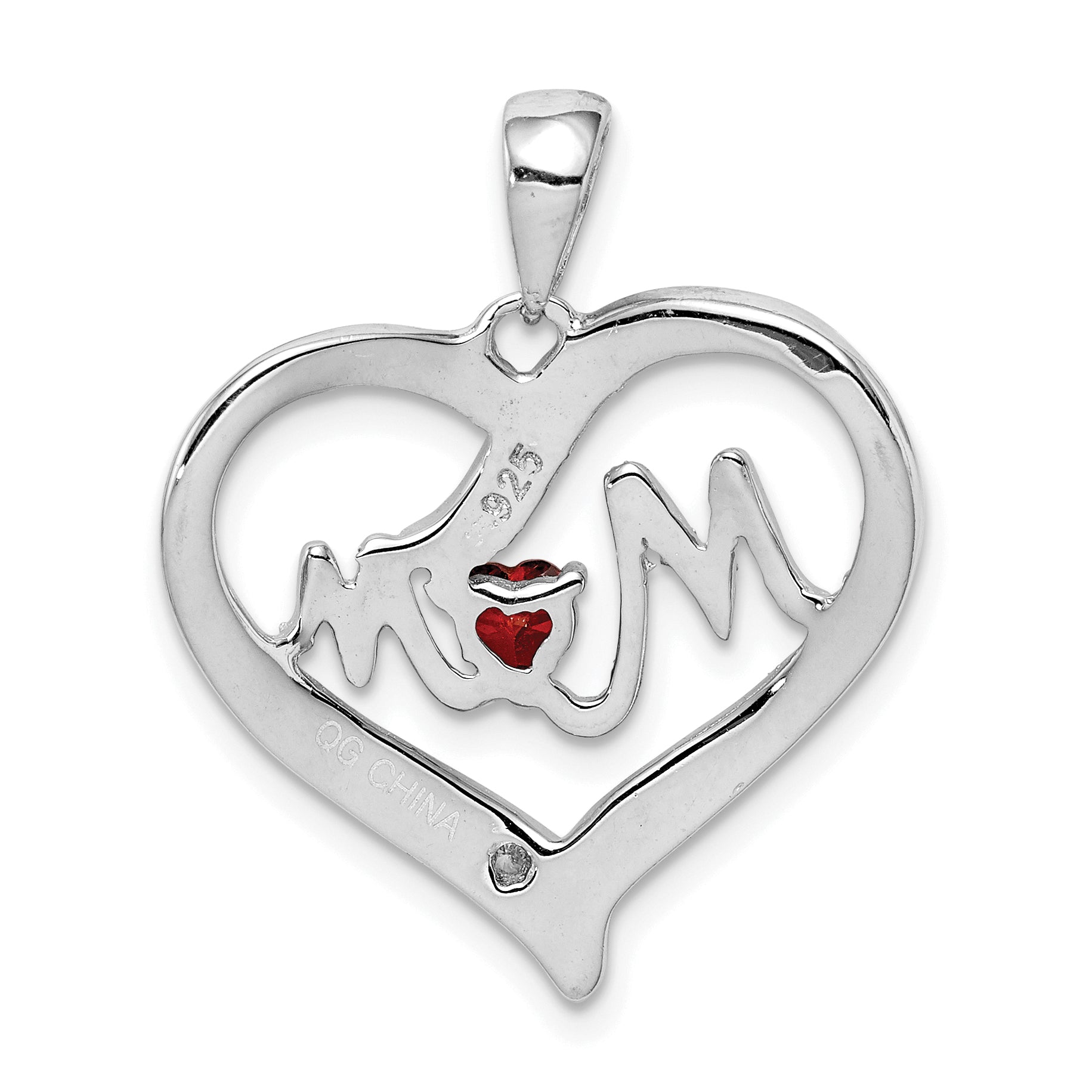 Sterling Silver Rhodium-Plated Red Cz Heart & White Mom Pendant