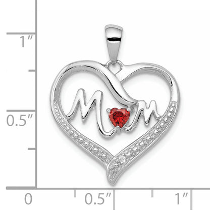 Sterling Silver Rhodium-Plated Red Cz Heart & White Mom Pendant