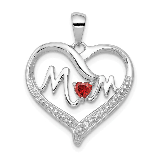 Sterling Silver Rhodium-Plated Red Cz Heart & White Mom Pendant