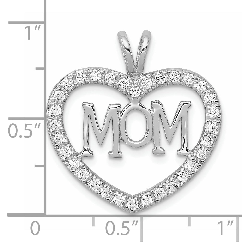 Sterling Silver Rhodium-Plated Cz Open Heart Mom Pendant