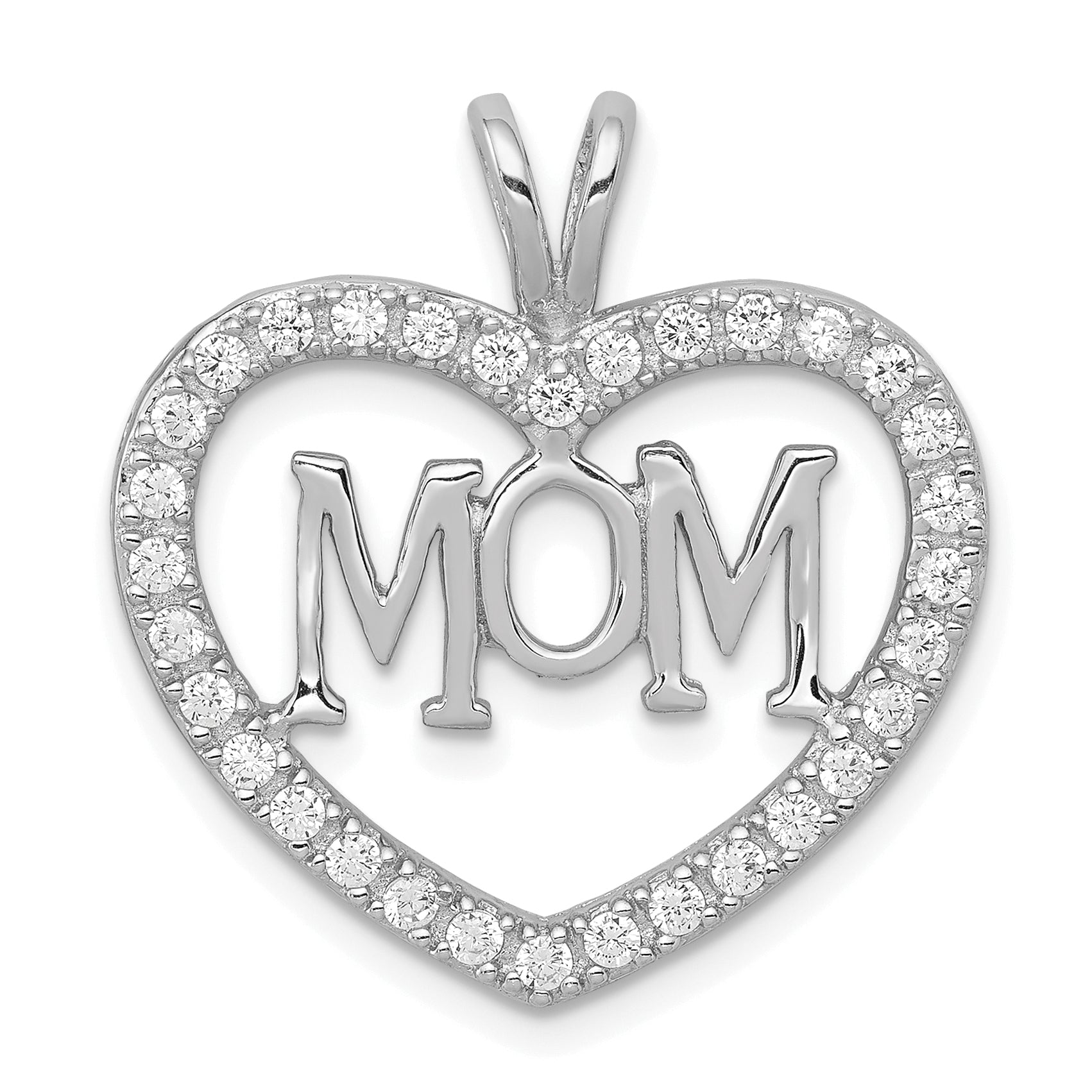 Sterling Silver Rhodium-Plated Cz Open Heart Mom Pendant