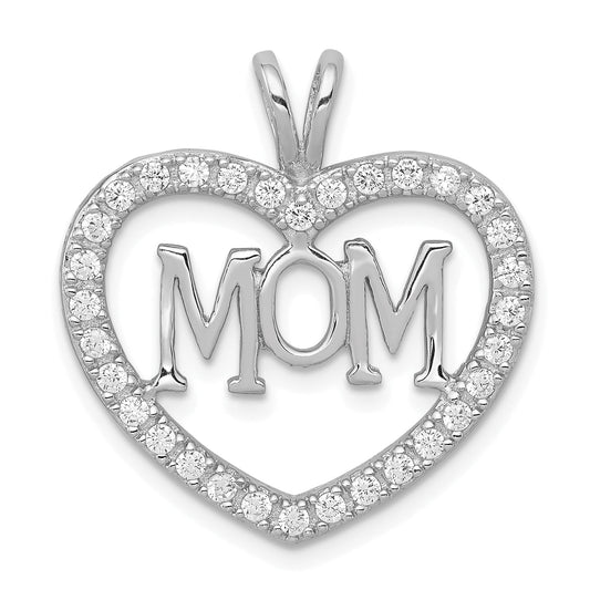 Sterling Silver Rhodium-Plated Cz Open Heart Mom Pendant