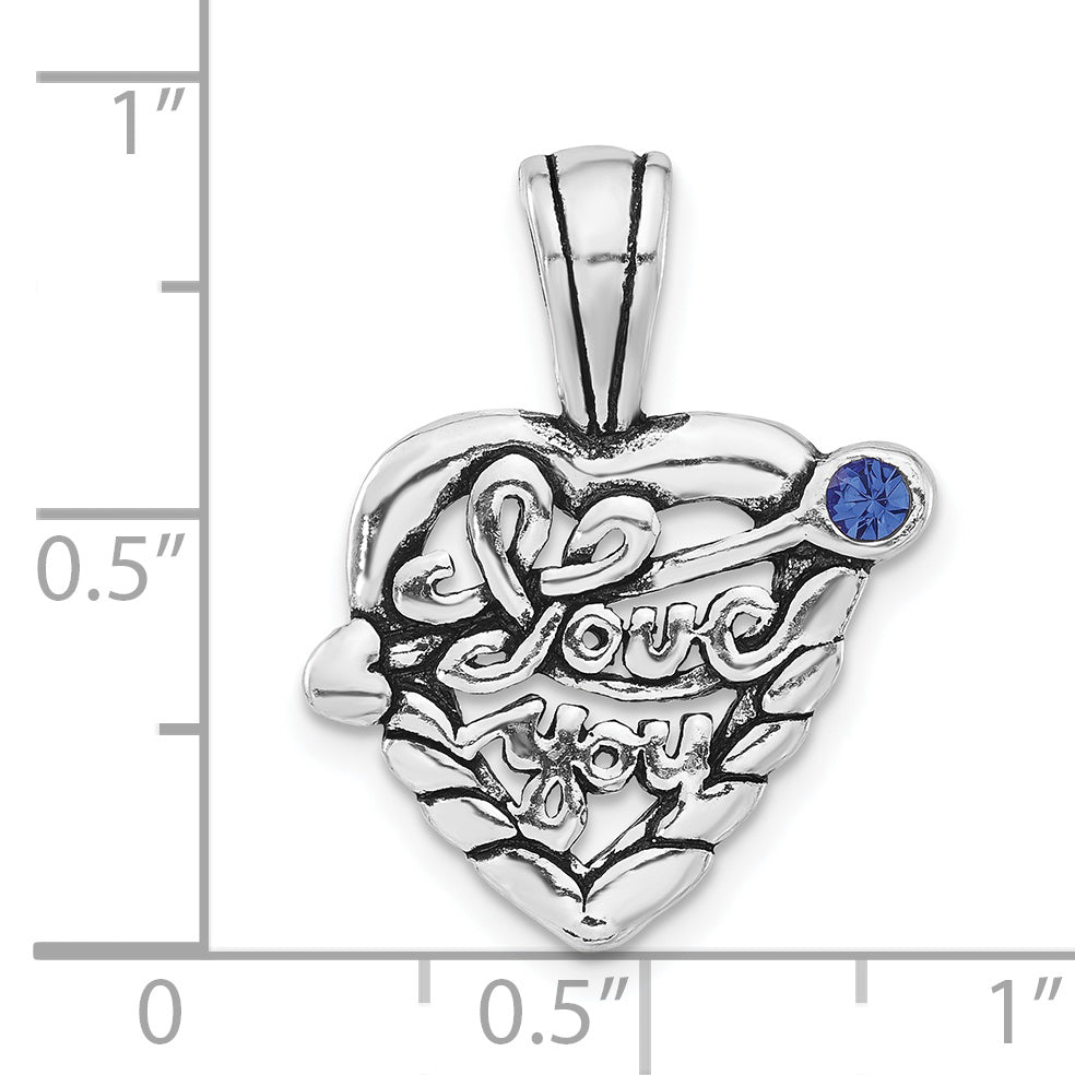 Sterling Silver Polished & Antiqued Blue Crystal I Love You Heart Charm
