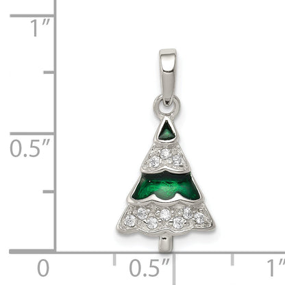 Sterling Silver Rhodium-Plated Cz And Enameled Christmas Tree Pendant