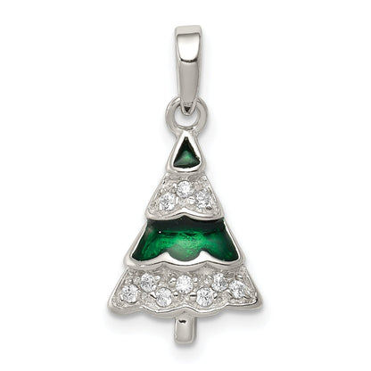 Sterling Silver Rhodium-Plated Cz And Enameled Christmas Tree Pendant