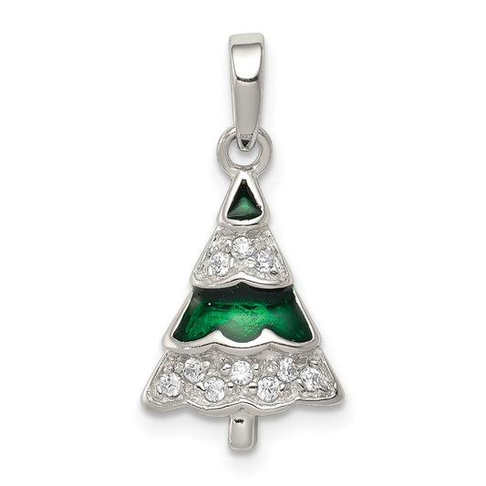 Sterling Silver Rhodium-Plated Cz And Enameled Christmas Tree Pendant