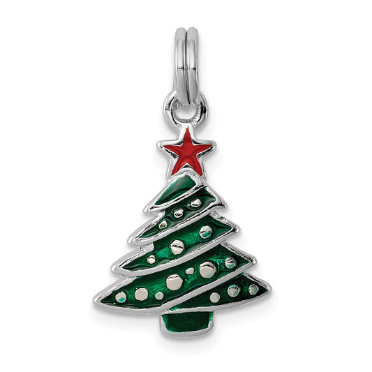 Sterling Silver Rhodium-Platedenamel Christmas Tree Charm