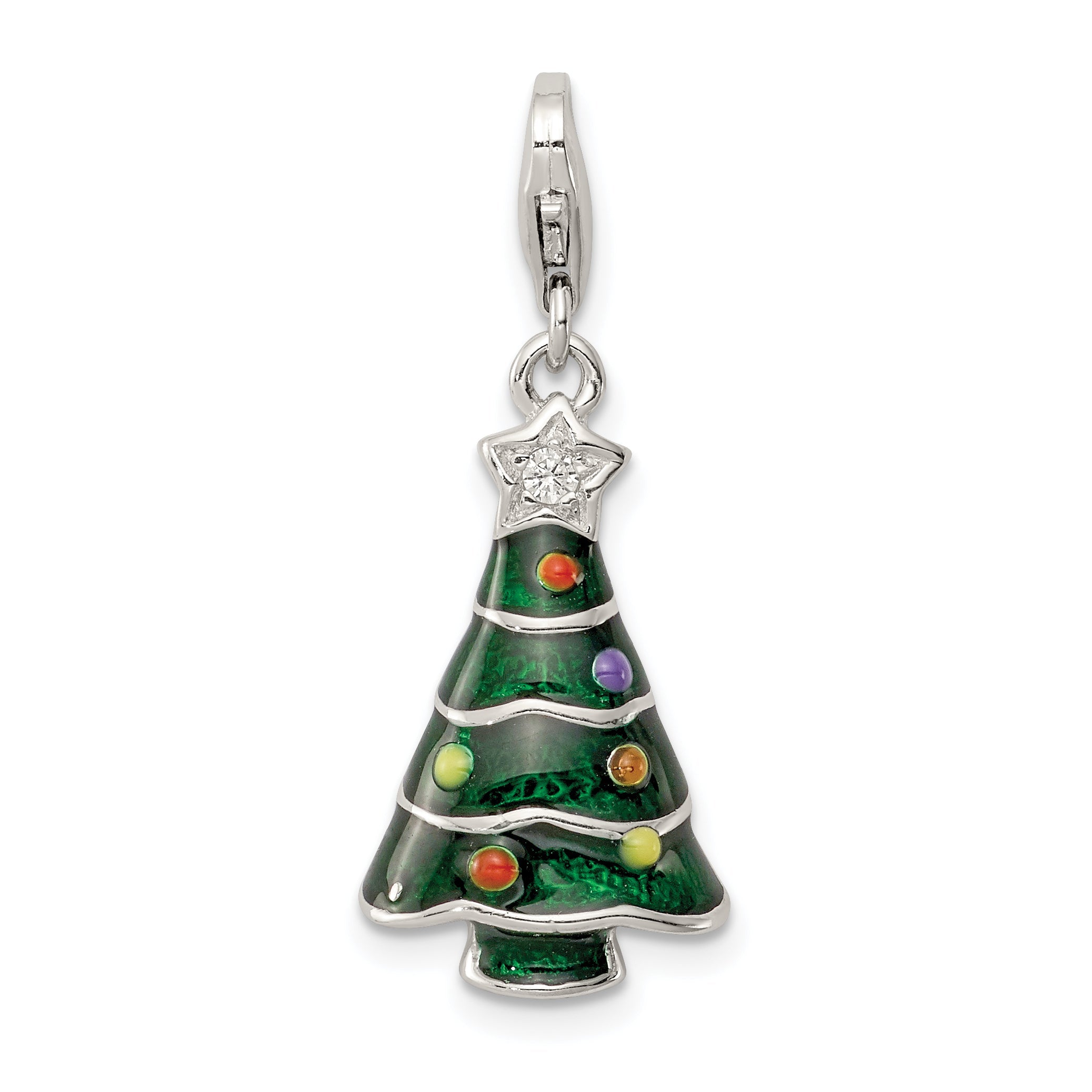 Sterling Silver Rh-Plated Cz & Enameled Christmas Tree Charm