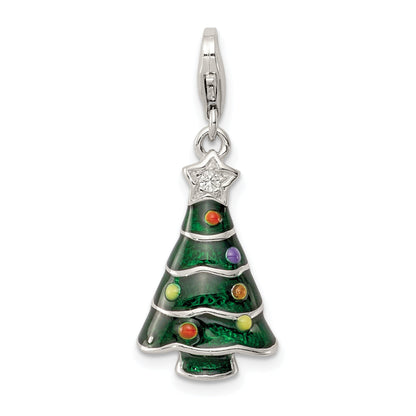 Sterling Silver Rh-Plated Cz & Enameled Christmas Tree Charm