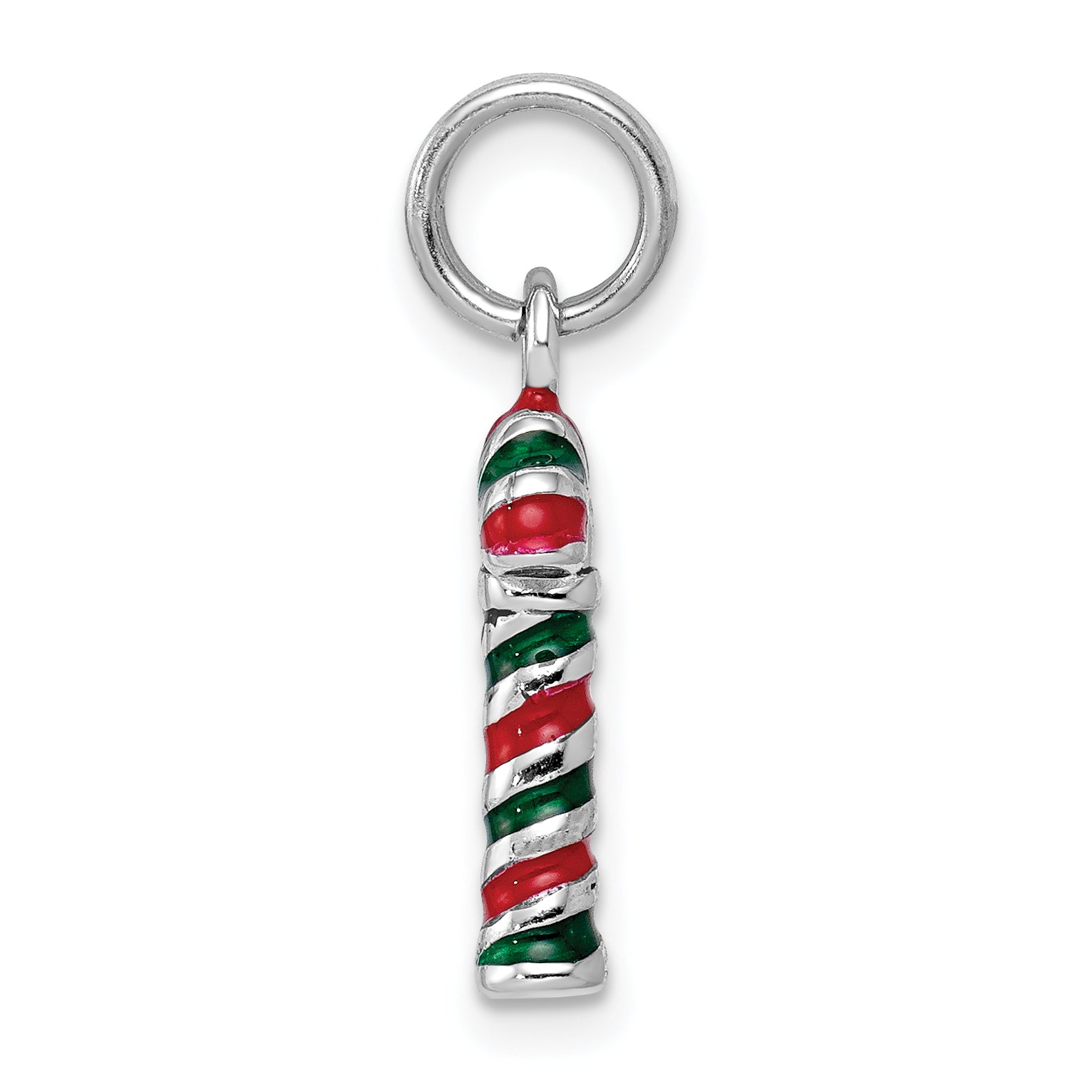 Sterling Silver Rhodium-Plated Enamel Candy Cane Charm