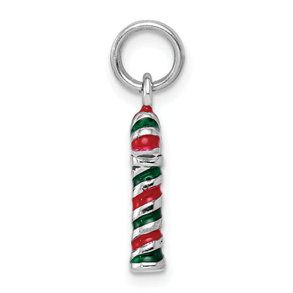 Sterling Silver Rhodium-Plated Enamel Candy Cane Charm
