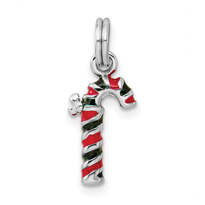Sterling Silver Rhodium-Plated Enamel Candy Cane Charm
