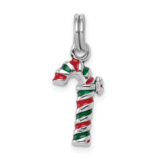 Sterling Silver Rhodium-Plated Enamel Candy Cane Charm