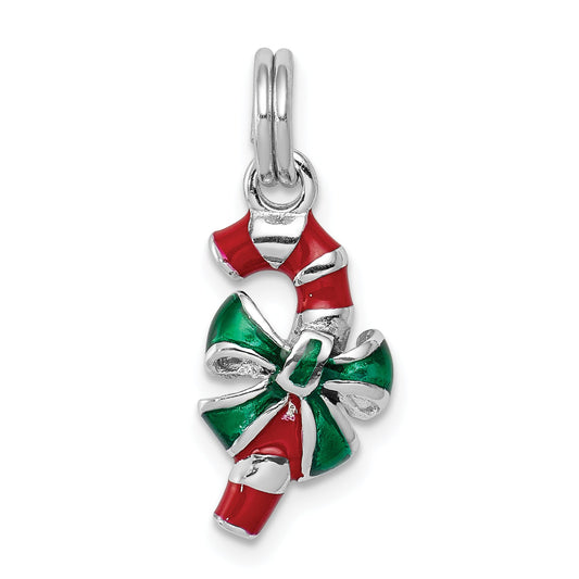 Sterling Silver Rhodium-Platedenamel Candy Cane Charm