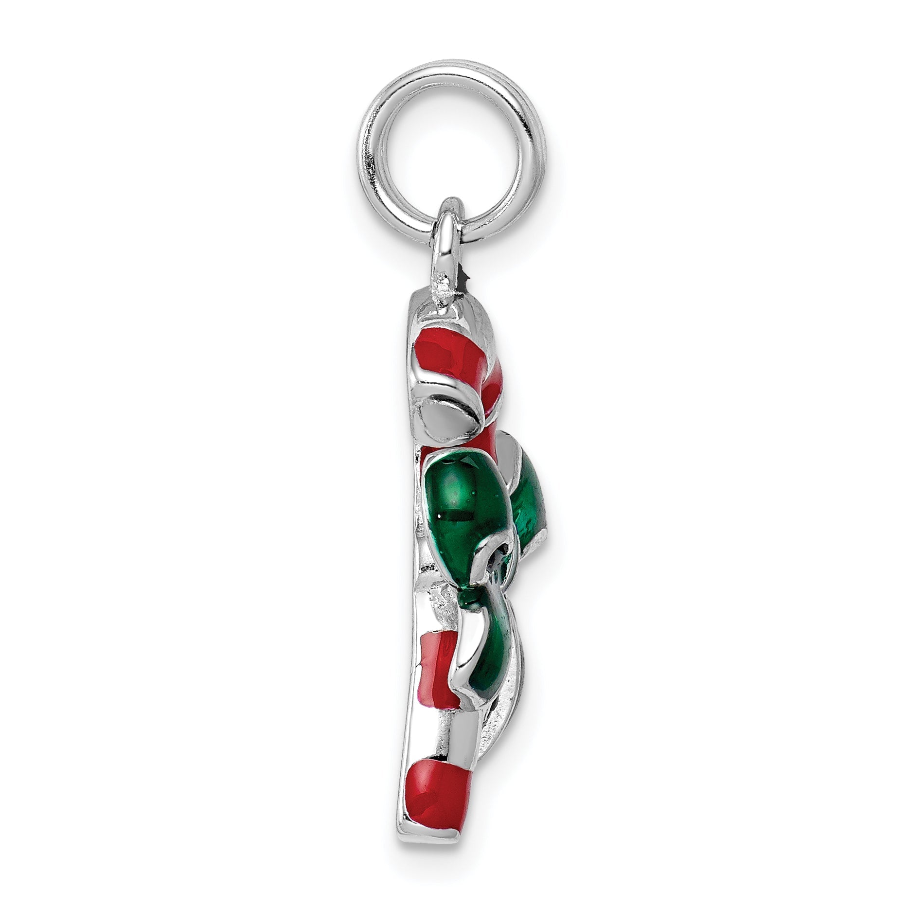 Sterling Silver Rhodium-Platedenamel Candy Cane Charm