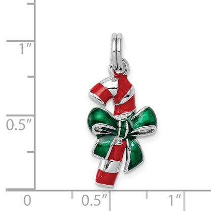Sterling Silver Rhodium-Platedenamel Candy Cane Charm