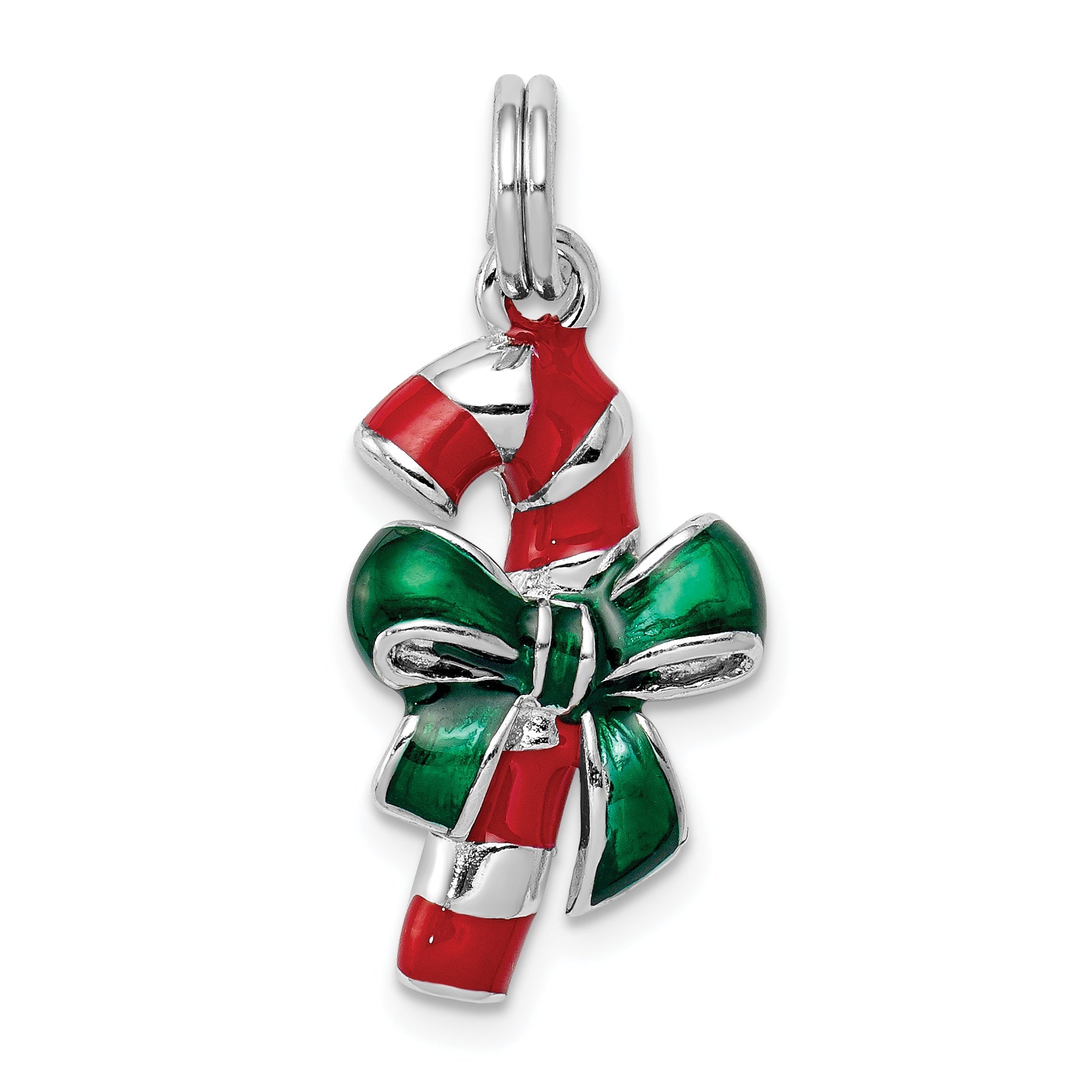 Sterling Silver Rhodium-Platedenamel Candy Cane Charm
