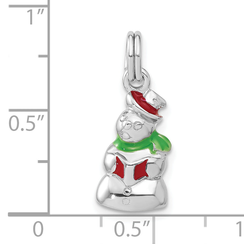 Sterling Silver Rhodium-Plated Polished Enameled Snowman Charm
