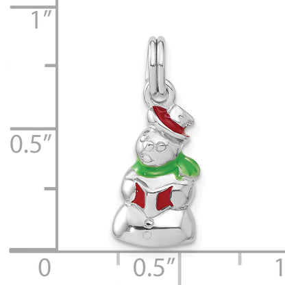 Sterling Silver Rhodium-Plated Polished Enameled Snowman Charm