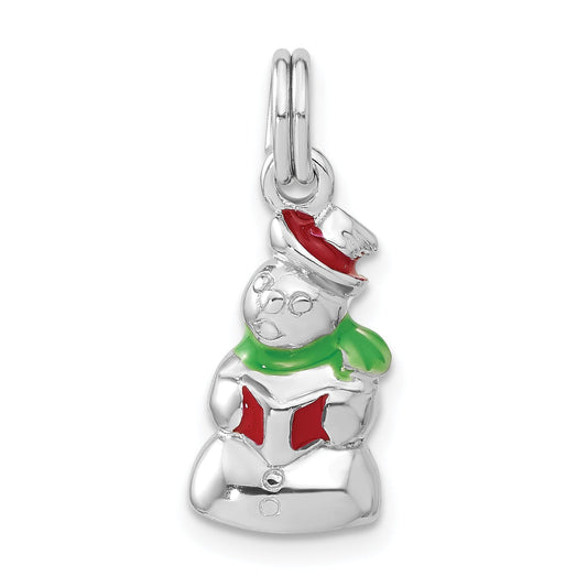 Sterling Silver Rhodium-Plated Polished Enameled Snowman Charm
