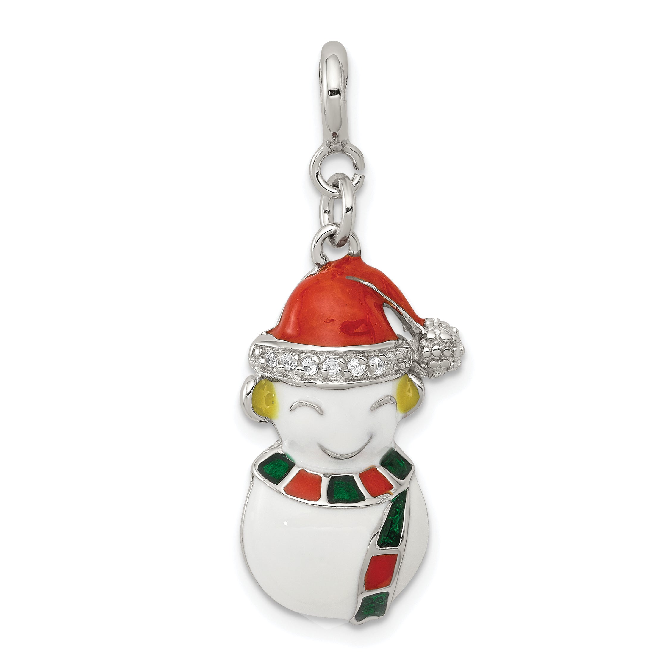 Sterling Silver Rhodium-Plated Cz Enameled Snowman Charm