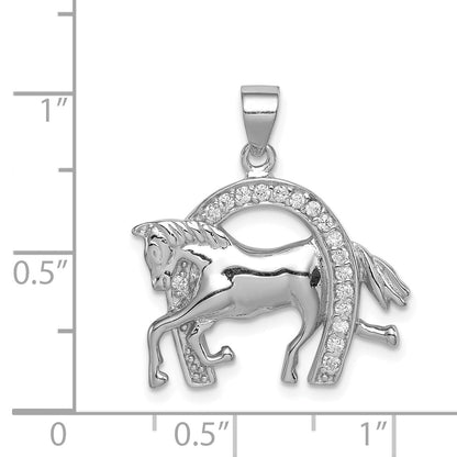 Sterling Silver Rhodium-Plated Horse & Horseshoe Cz Pendant