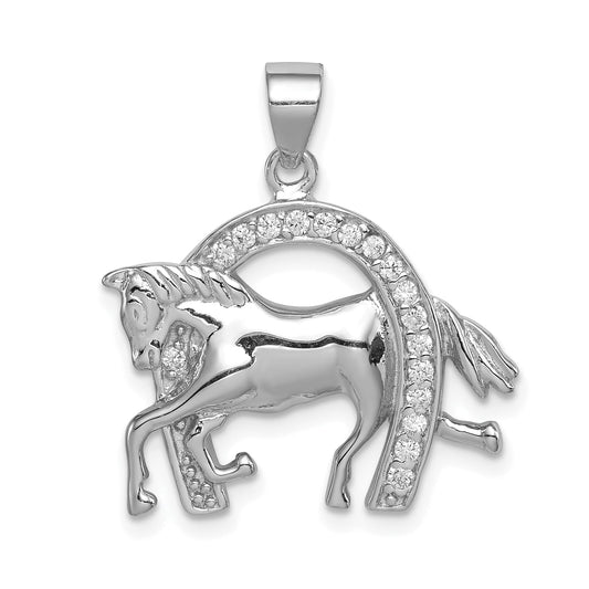Sterling Silver Rhodium-Plated Horse & Horseshoe Cz Pendant