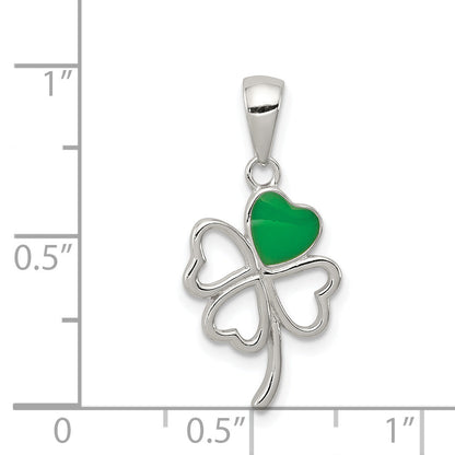 Sterling Silver Rhodium-Plated Green Enameled Four Leaf Clover Pendant