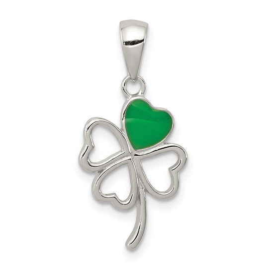 Sterling Silver Rhodium-Plated Green Enameled Four Leaf Clover Pendant