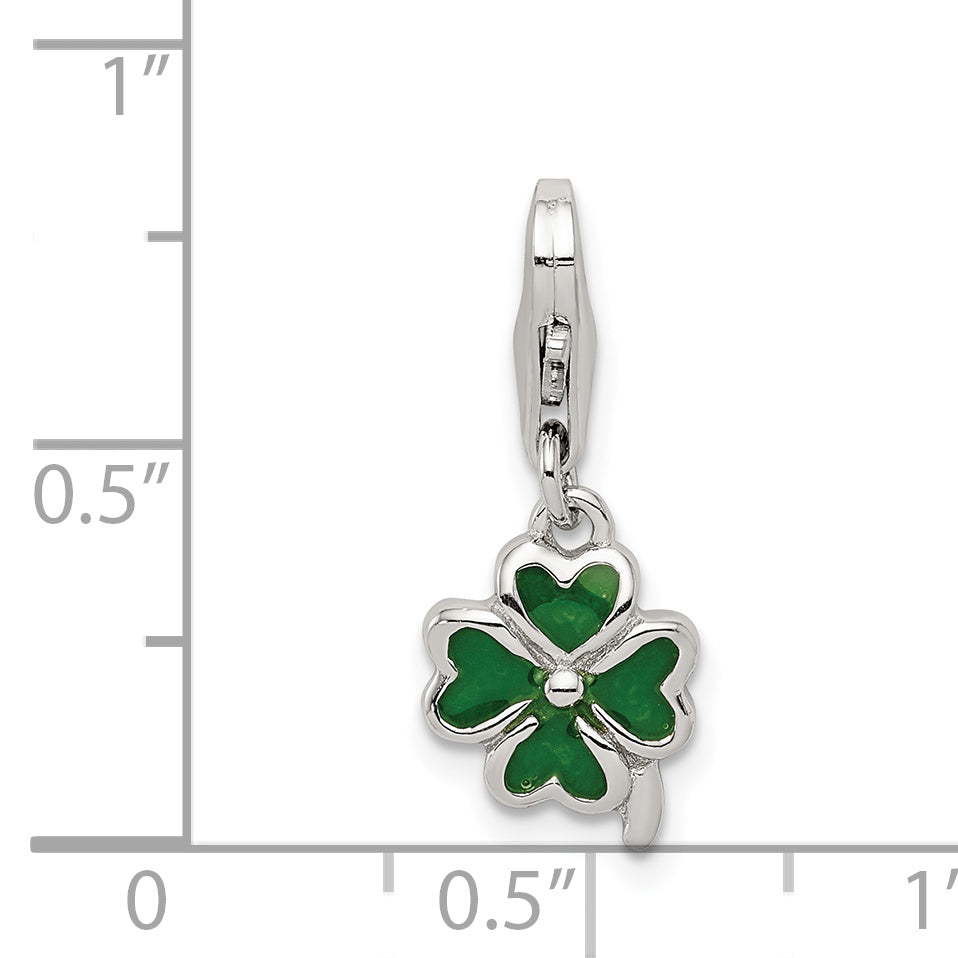 Sterling Silver Green Enameled Four Leaf Clover Charm With Lobster Clasp