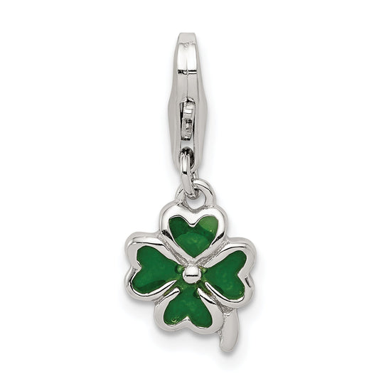 Sterling Silver Green Enameled Four Leaf Clover Charm With Lobster Clasp
