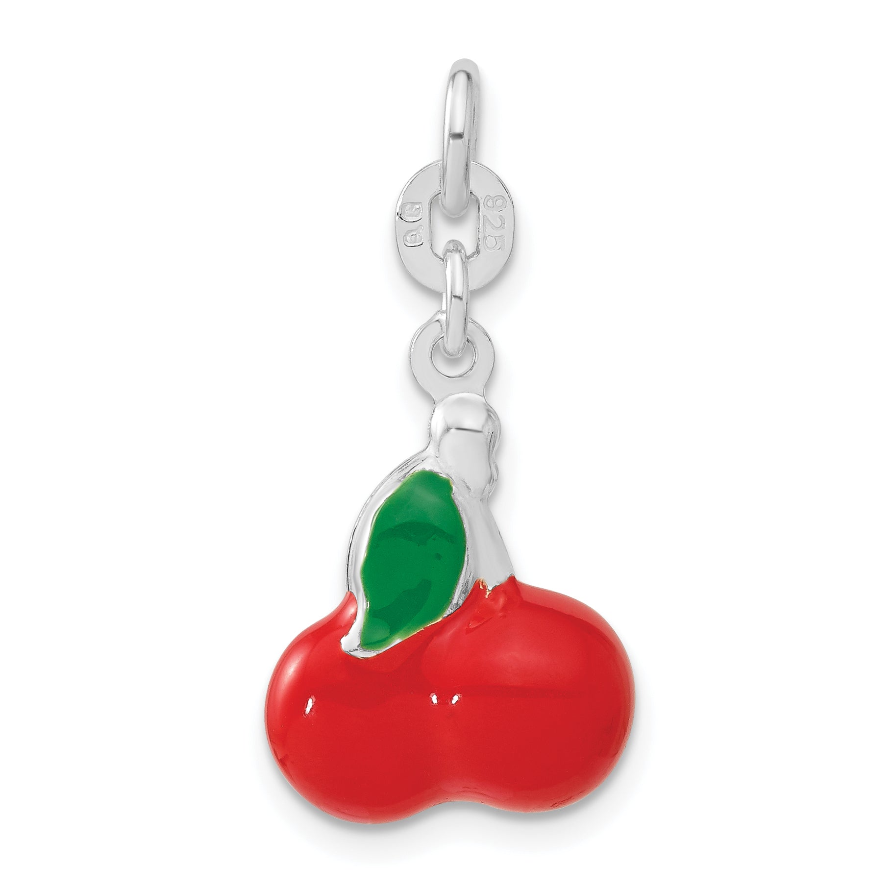 Sterling Silver 3-D Polished Enameled Cherries Charm