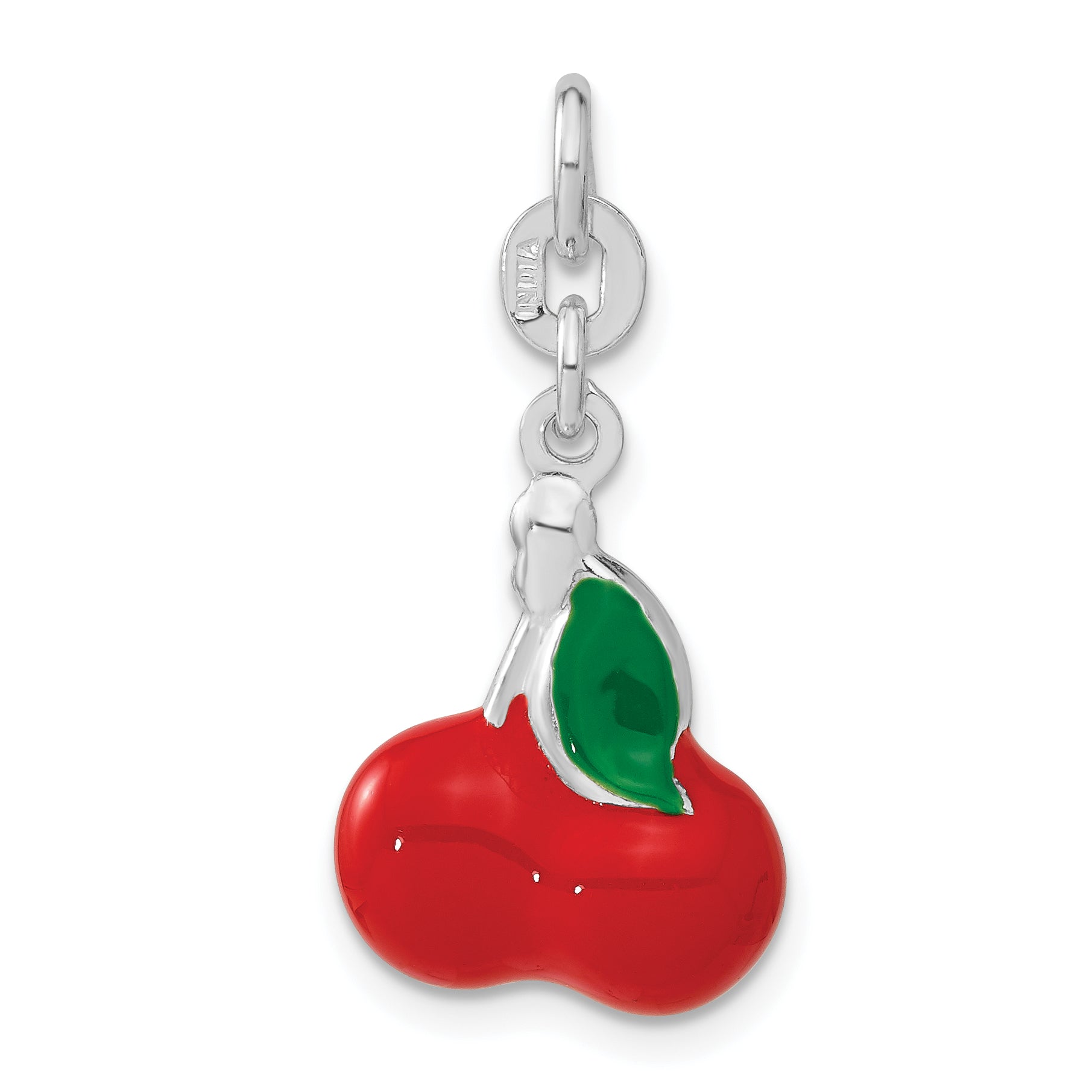 Sterling Silver 3-D Polished Enameled Cherries Charm