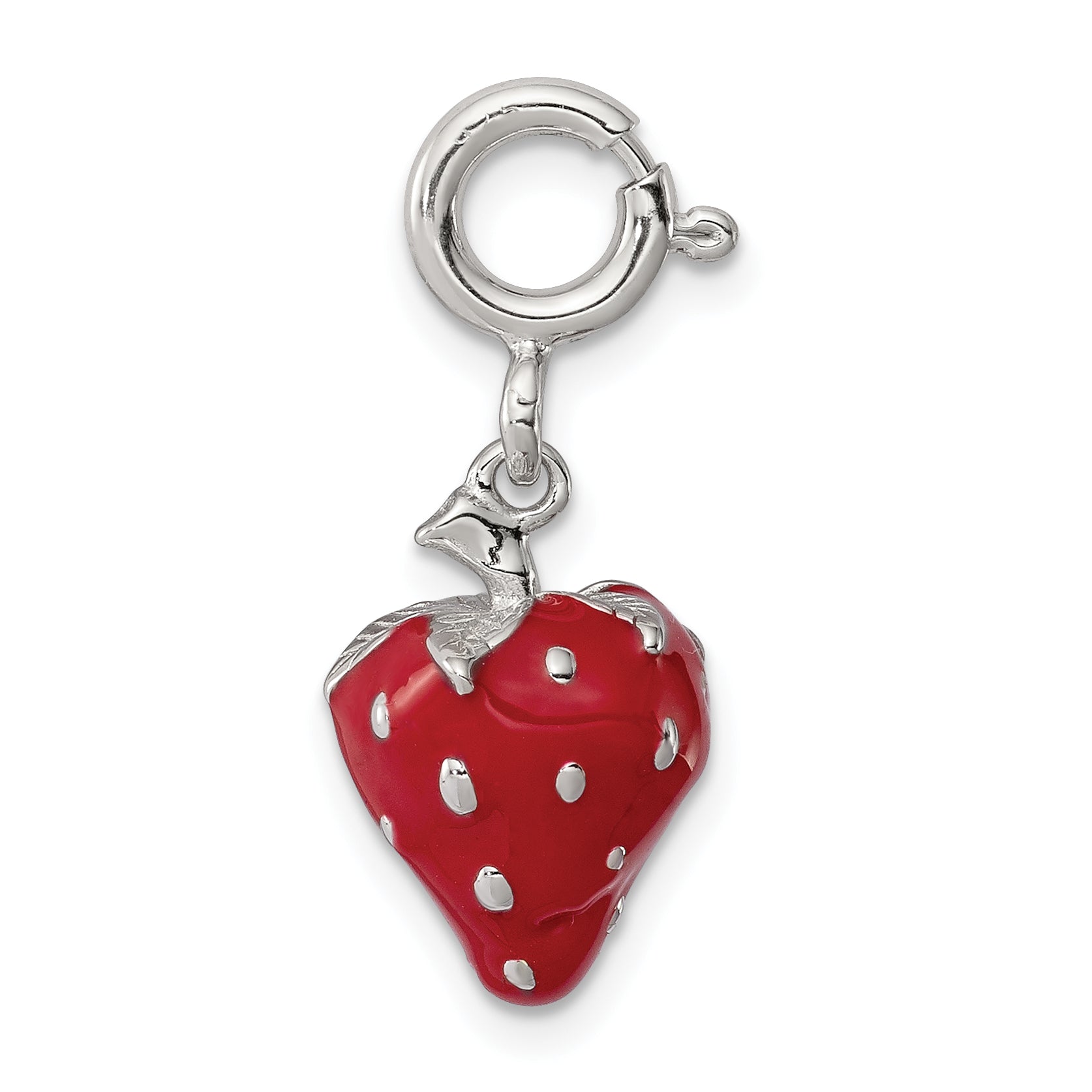 Sterling Silver Rhodium-Plated Red Enameled Strawberry Charm