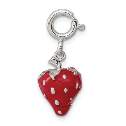 Sterling Silver Rhodium-Plated Red Enameled Strawberry Charm