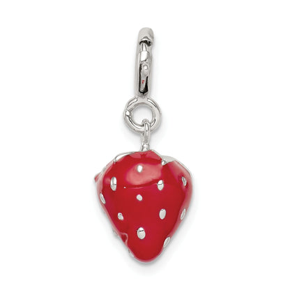 Sterling Silver Rhodium-Plated Red Enameled Strawberry Charm