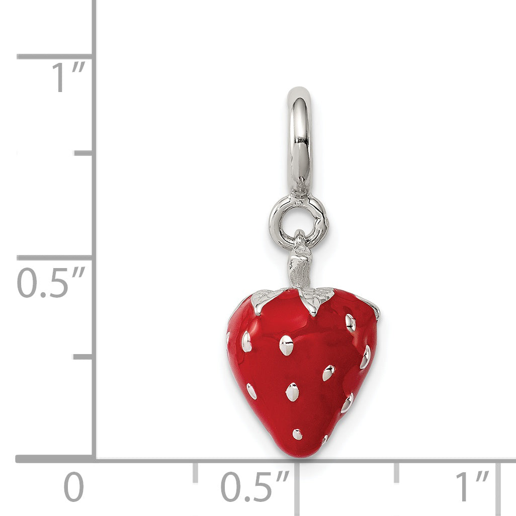 Sterling Silver Rhodium-Plated Red Enameled Strawberry Charm
