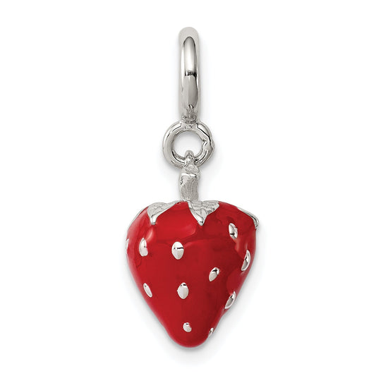 Sterling Silver Rhodium-Plated Red Enameled Strawberry Charm