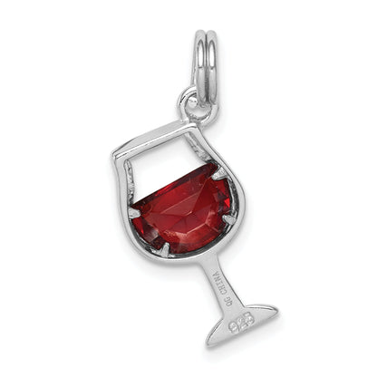 Sterling Silver Rhodium-Plated Red Cz Wine Glass Charm