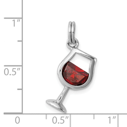 Sterling Silver Rhodium-Plated Red Cz Wine Glass Charm