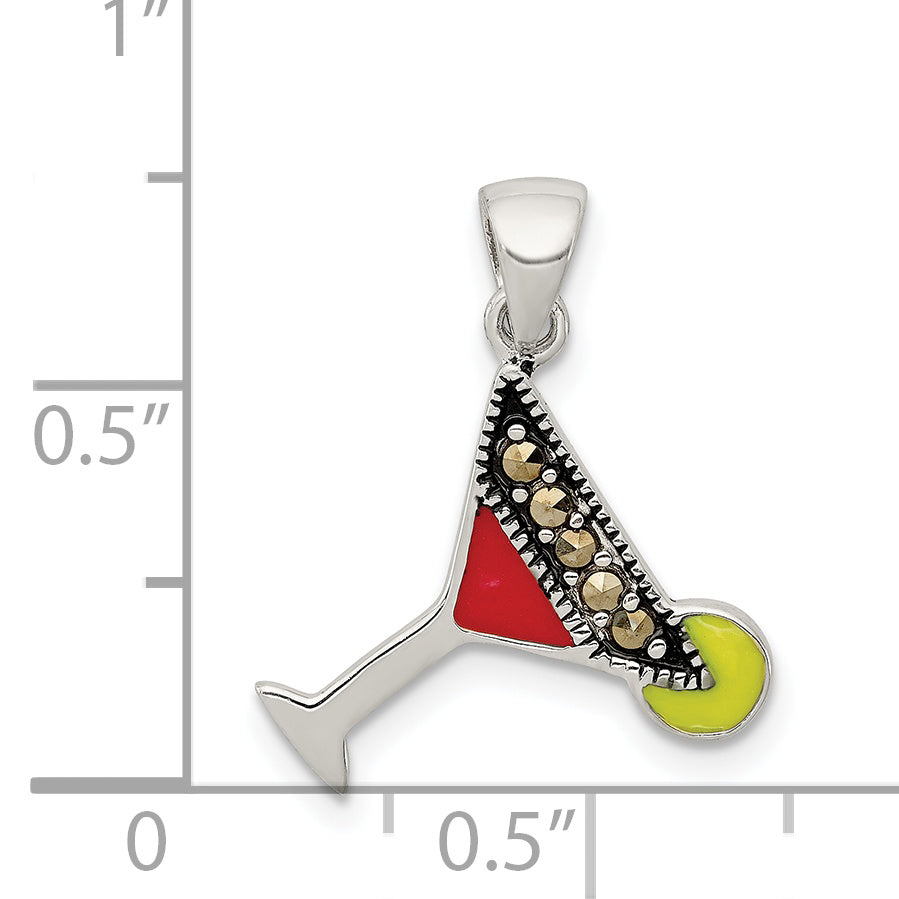 Sterling Silver Rhodium-Plated And Hematite-Plated Marcasite Red Green Enameled Martini Pendant