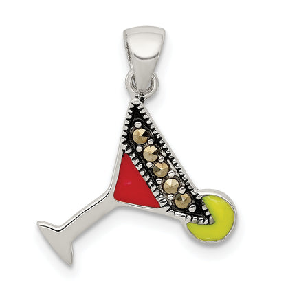 Sterling Silver Rhodium-Plated And Hematite-Plated Marcasite Red Green Enameled Martini Pendant