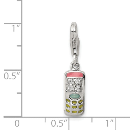 Sterling Silver Rhodium-Plated Enameled And Cz Cell Phone Charm