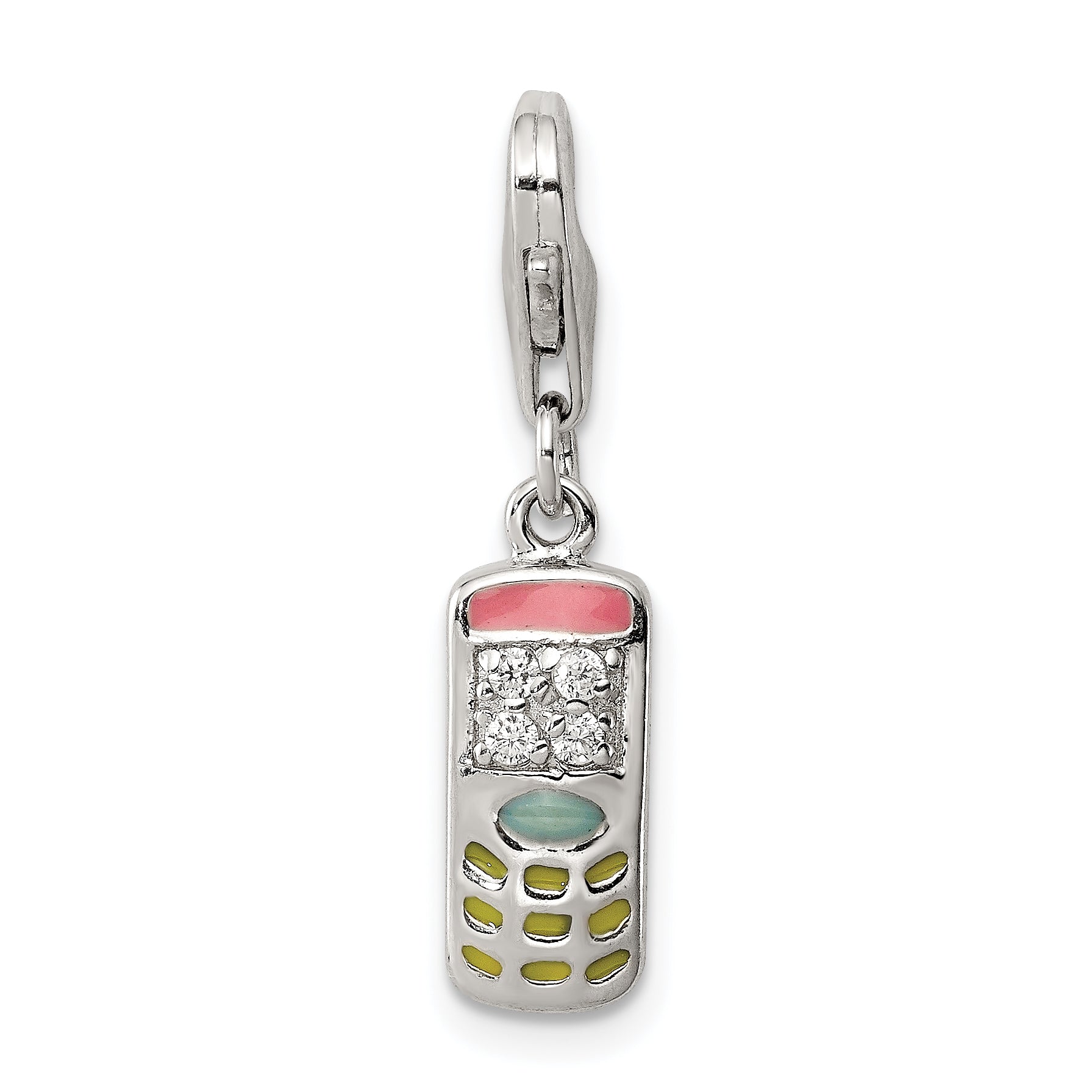 Sterling Silver Rhodium-Plated Enameled And Cz Cell Phone Charm