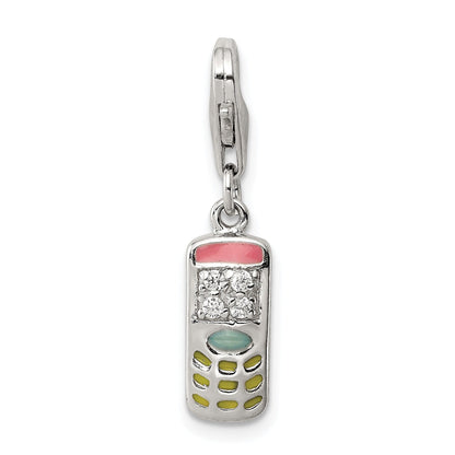 Sterling Silver Rhodium-Plated Enameled And Cz Cell Phone Charm