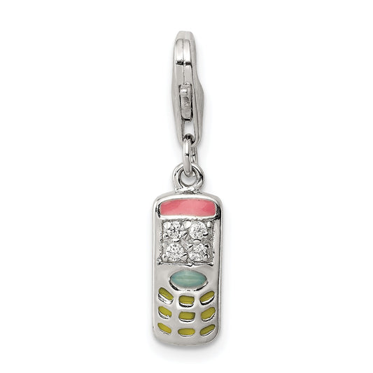Sterling Silver Rhodium-Plated Enameled And Cz Cell Phone Charm